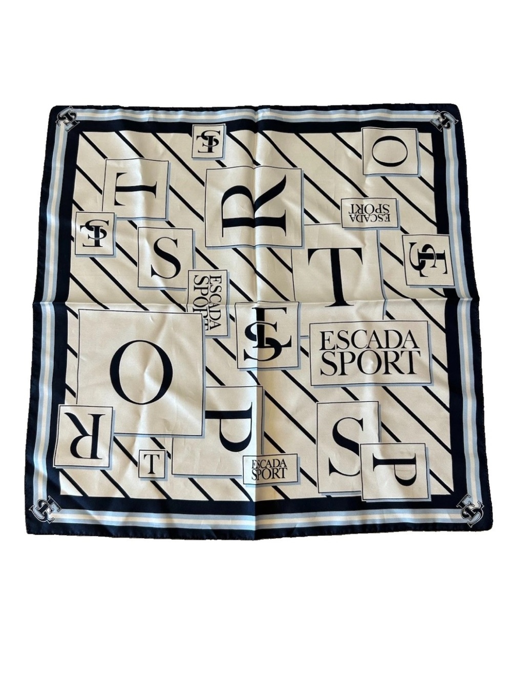 Vintage ESCADA SPORT Silk Scarf 17” Logo Monogram Square Black Ivory Blue